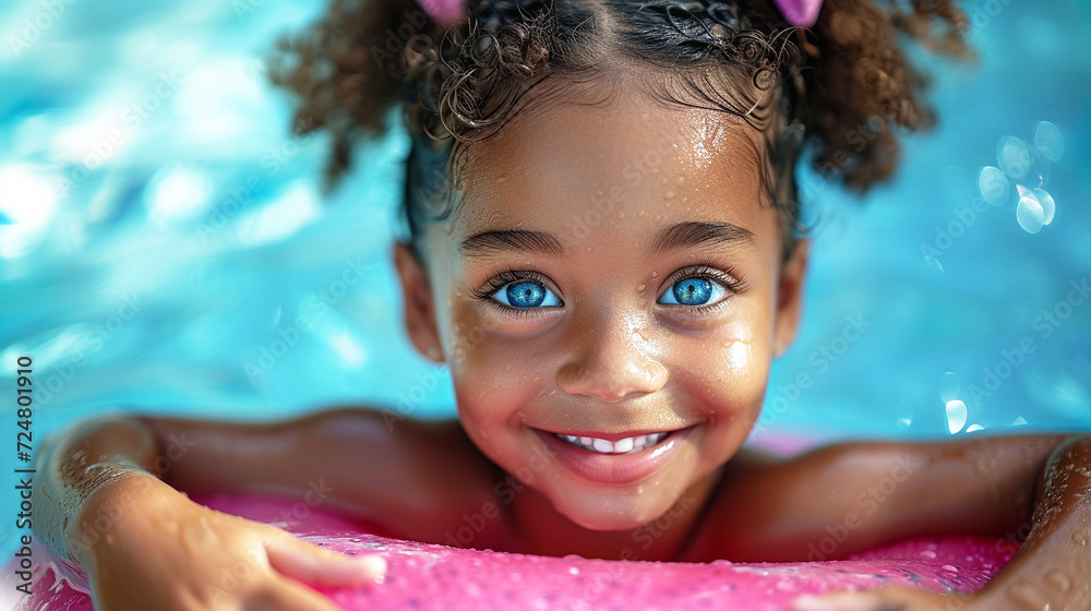 A little dark-skinned blue-eyed girl in a pool on a pink inflatable ring. A child learns to swim with an inflatable ring. Healthy outdoor sports for children. Children's beach activities, water games A little dark-skinned blue-eyed girl in a pool on a pink inflatable ring. A child learns to swim with an inflatable ring. Healthy outdoor sports for children. Children's beach activities, water games