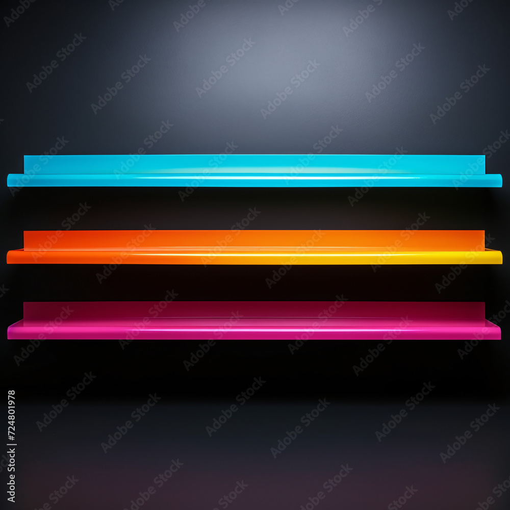 A colorful pastel large gap between empty shelves against a black background, creating a visually striking and minimalist design concept. A colorful pastel large gap between empty shelves against a black background, creating a visually striking and minimalist design concept.
