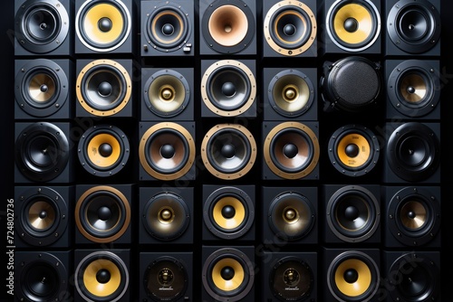 A collection of speakers mounted on a wall. Suitable for various audio and entertainment-related projects