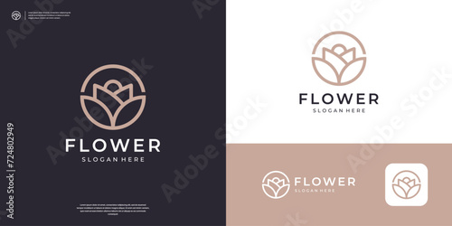 Fototapete Flower rose logo icon with line art style