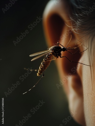 Mosquito flying near a person's ear, sleepless summer night because of a buzzing insect, how can you sleep with mosquitoes nearby, lurking and wainting for you to fall asleep so they can bite you photo