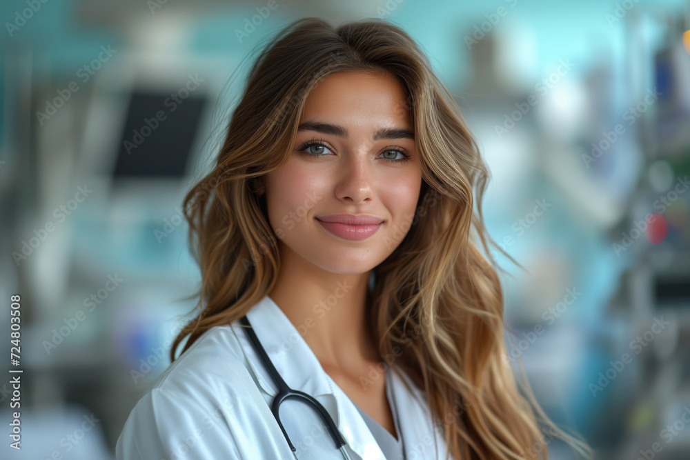 Portrait of a young doctor, nurse in a white medical coat, interior of a medical clinic in the background Portrait of a young doctor, nurse in a white medical coat, interior of a medical clinic in the background