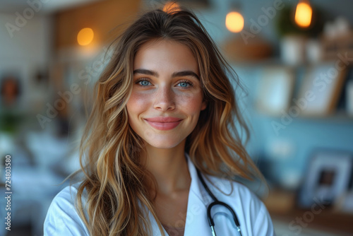 Portrait of a young doctor  nurse in a white medical coat  interior of a medical clinic in the background