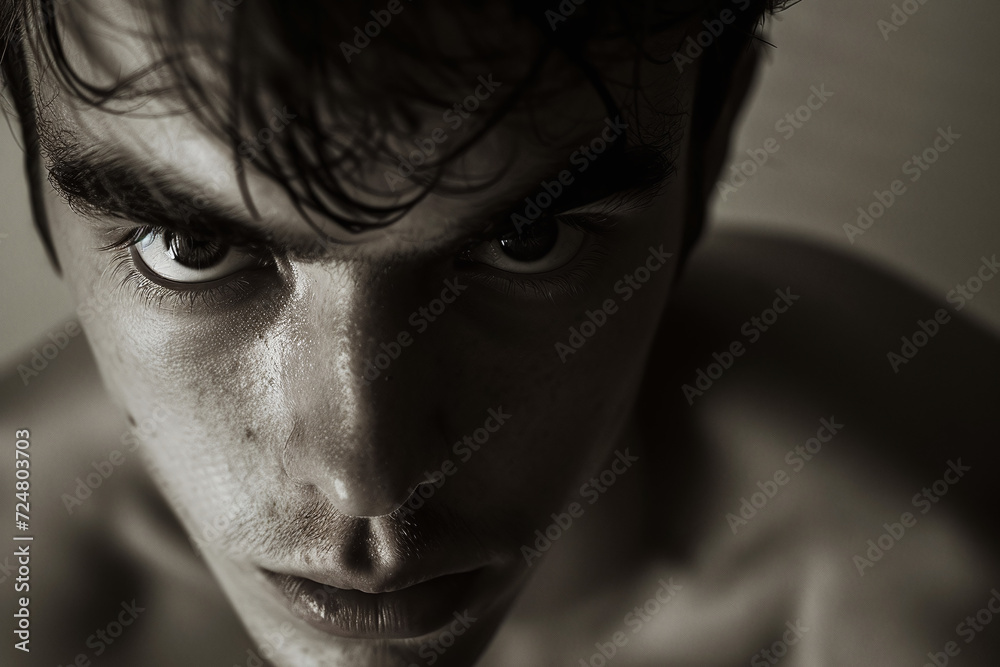 Intense gaze of a young man captured in a close-up, monochrome photograph, highlighting his expressive eyes and evoking a sense of contemplation and depth