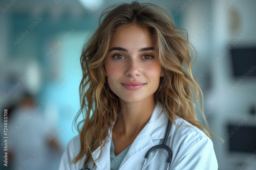 Fototapeta premium Portrait of a young doctor, nurse in a white medical coat, interior of a medical clinic in the background