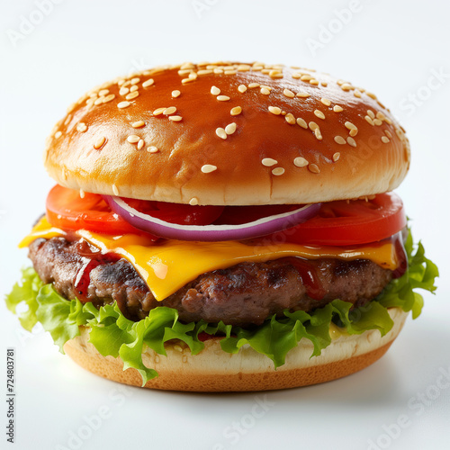 Juicy cheeseburger with lettuce, tomato, cheese, and a beef patty on a sesame seed bun, isolated on a white background.