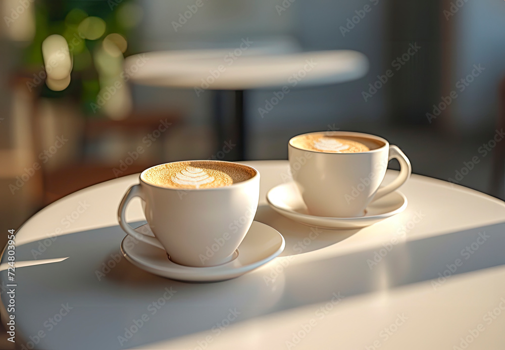 Two cups of coffee on the table, sunlight Two cups of coffee on the table, sunlight