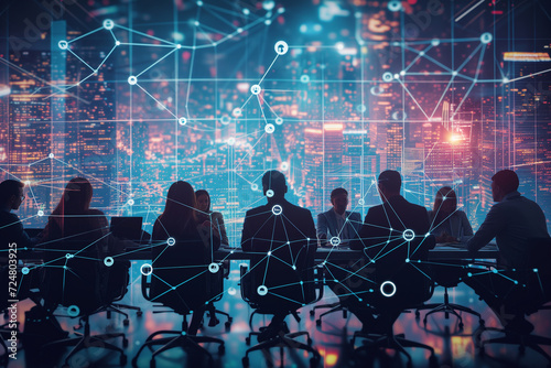 Corporate business team engaged in a meeting with a futuristic digital network interface overlaying a cityscape background.