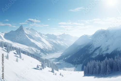 A snowy landscape with mountains, perfect for snow sports like skiing and snowboarding. Generative AI