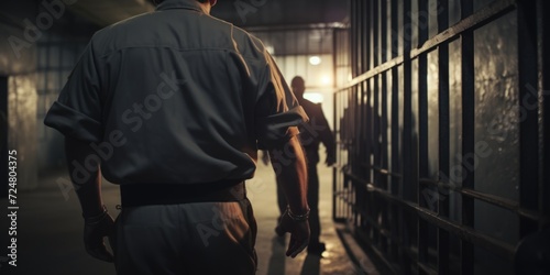 A man is seen inside a jail cell, gripping a gun tightly. This image can be used to depict crime, imprisonment, danger, or the concept of being trapped