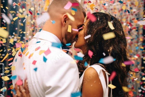 couple kissing under a shower of multicolored confetti