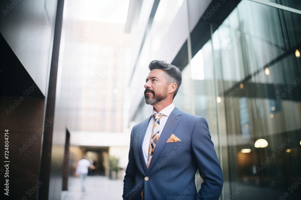 confident businessman entering corporate building