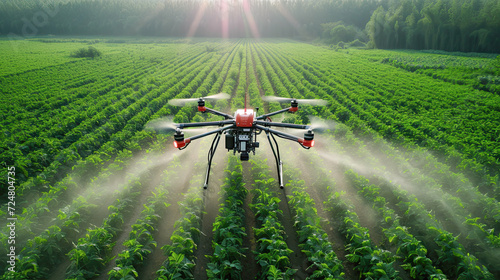 drone flying and spraying fertilizer and pesticide over farmland,High technology innovations and smart farming.Generative AI photo