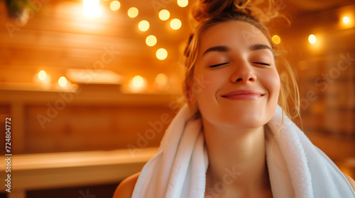 Woman enjoying a sauna session with warmth and steam to relieve tension and stress. Shallow field of view.