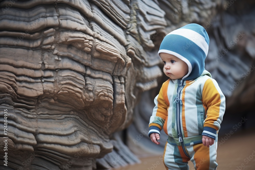 baby in a onesie exploring textures of a rock formation baby in a onesie exploring textures of a rock formation