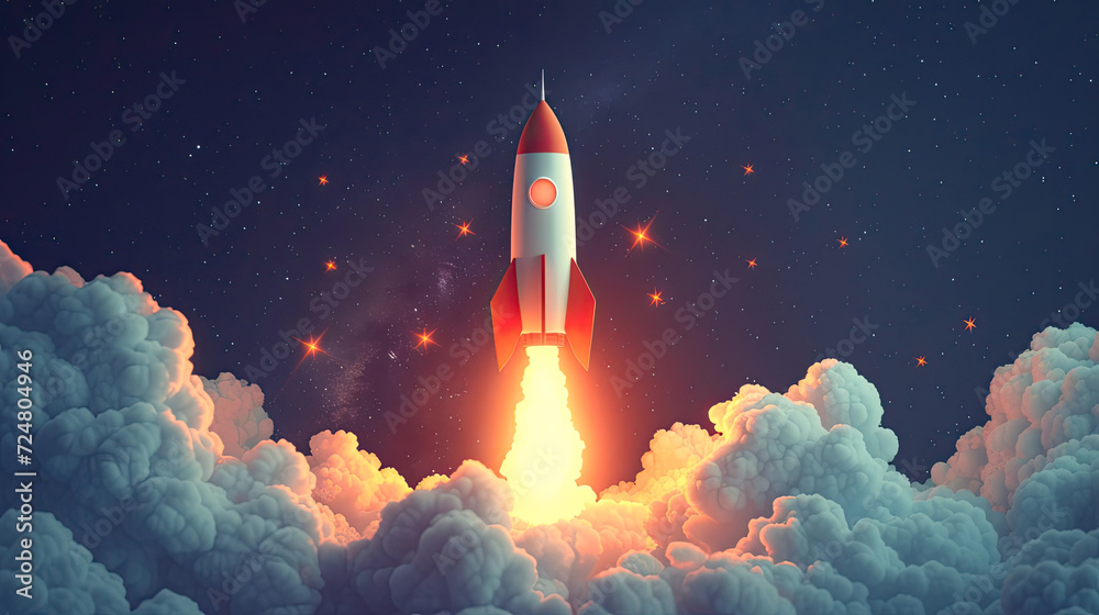 3D rocket launching on a blue background symbolizing a startup business concept with a spaceship icon.Generative AI - obrazy, fototapety, plakaty 