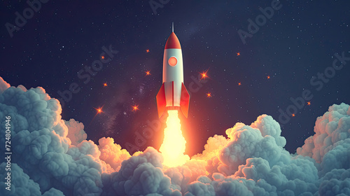 3D rocket launching on a blue background symbolizing a startup business concept with a spaceship icon.Generative AI photo