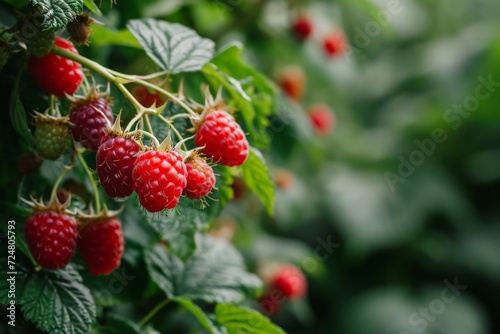 Close-up of ripe raspberries in the garden. Healthy berry.AI created.  