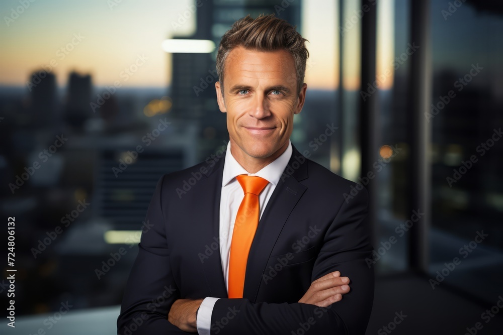 Smiling professional in a fashionable black suit and deep orange tie, standing in a modern office with a stunning cityscape view Smiling professional in a fashionable black suit and deep orange tie, standing in a modern office with a stunning cityscape view
