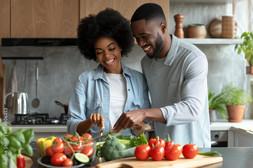 Portrait of a smiling young African couple standing together at a kitchen island at home and chopping vegetables for a healthy lunch 