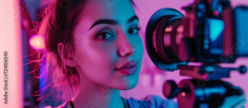 A content vlogger is a young woman using technology to record messages about makeup and share them on social networks. photo