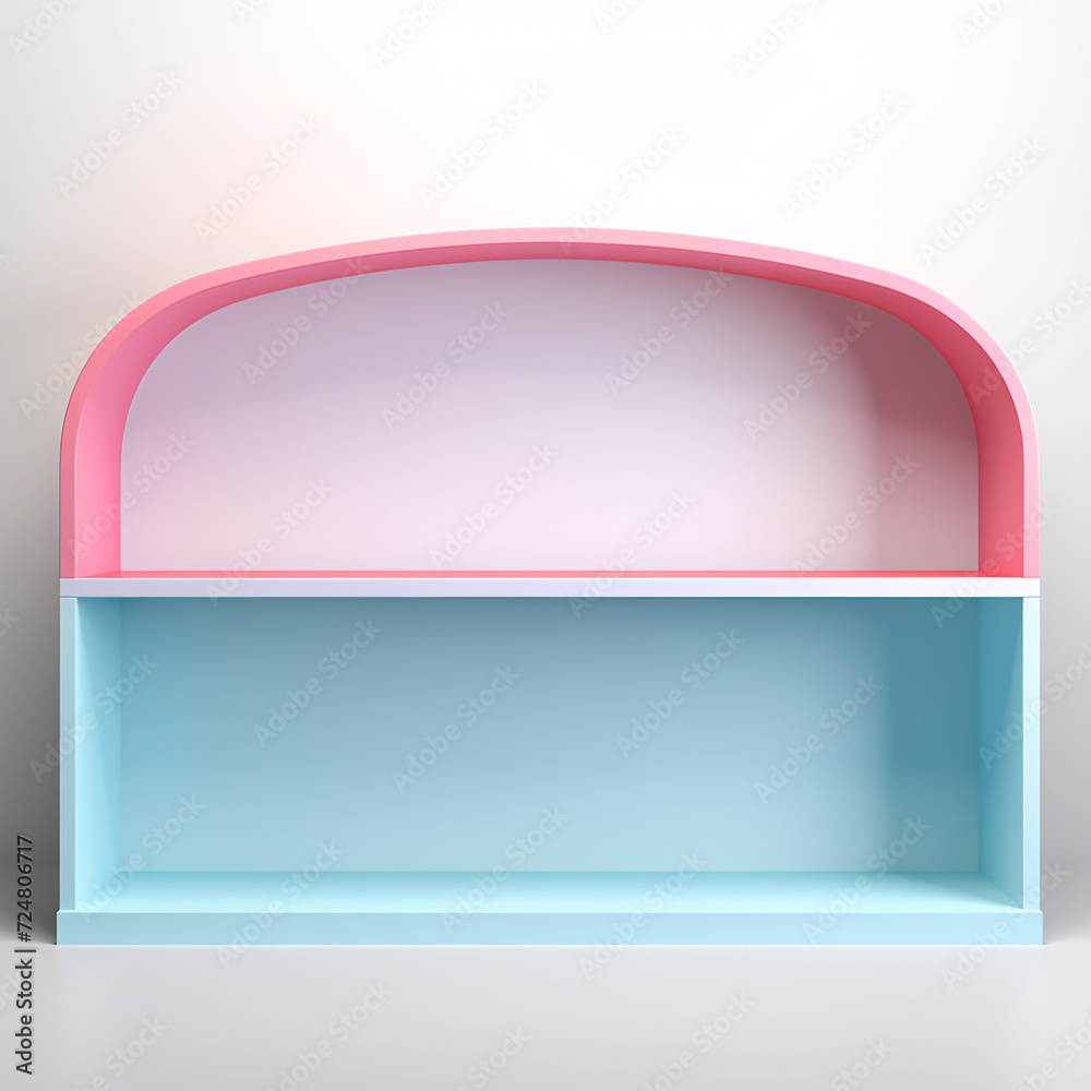 Fototapeta premium A colorful pastel empty shelf designed for product display against a white background, creating a clean and visually appealing presentation space.