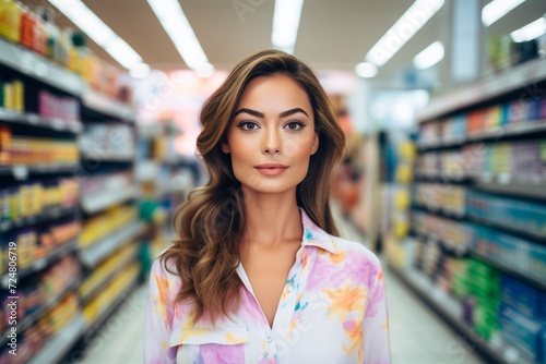 woman in bright blouse at cosmetics aisle