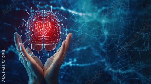 Hand holding brain shape with red heartbeat