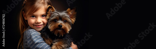 Banner with girl with Yorkshire Terrier on black background 