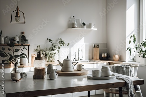 During self isolation at Covid 19 quarantine, a popular modern blog about interior design, renting out, and selling apartments was written at home. White furniture with a kettle and utensils, a shelf © Vusal