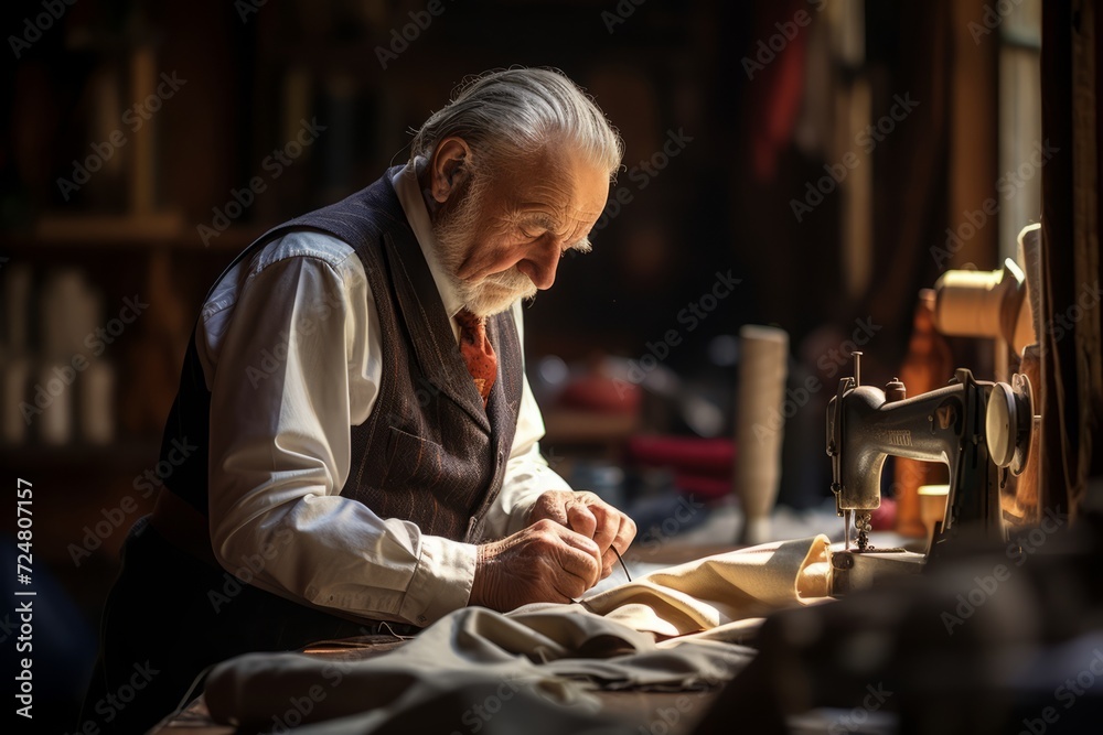 An expert tailor scrutinizing the stitches on a garment, enveloped by the colorful array of fabric rolls in his workshop An expert tailor scrutinizing the stitches on a garment, enveloped by the colorful array of fabric rolls in his workshop