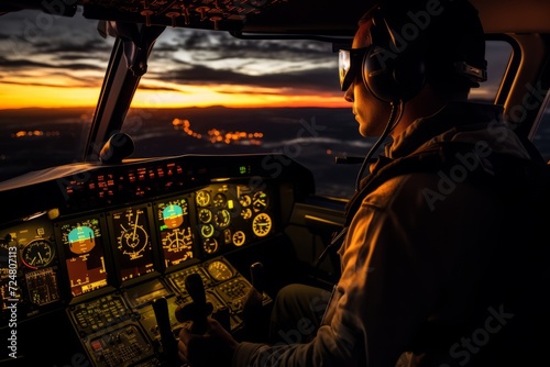 Confident Pilot Navigating the Skies, Lit by the Ambient Glow from the Cockpit Controls, with the Horizon in View © aicandy