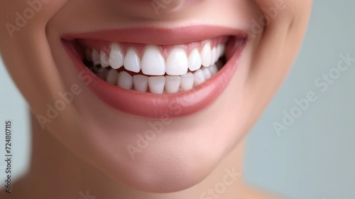Beautiful wide smile of young fresh woman with great healthy white teeth. Isolated over background