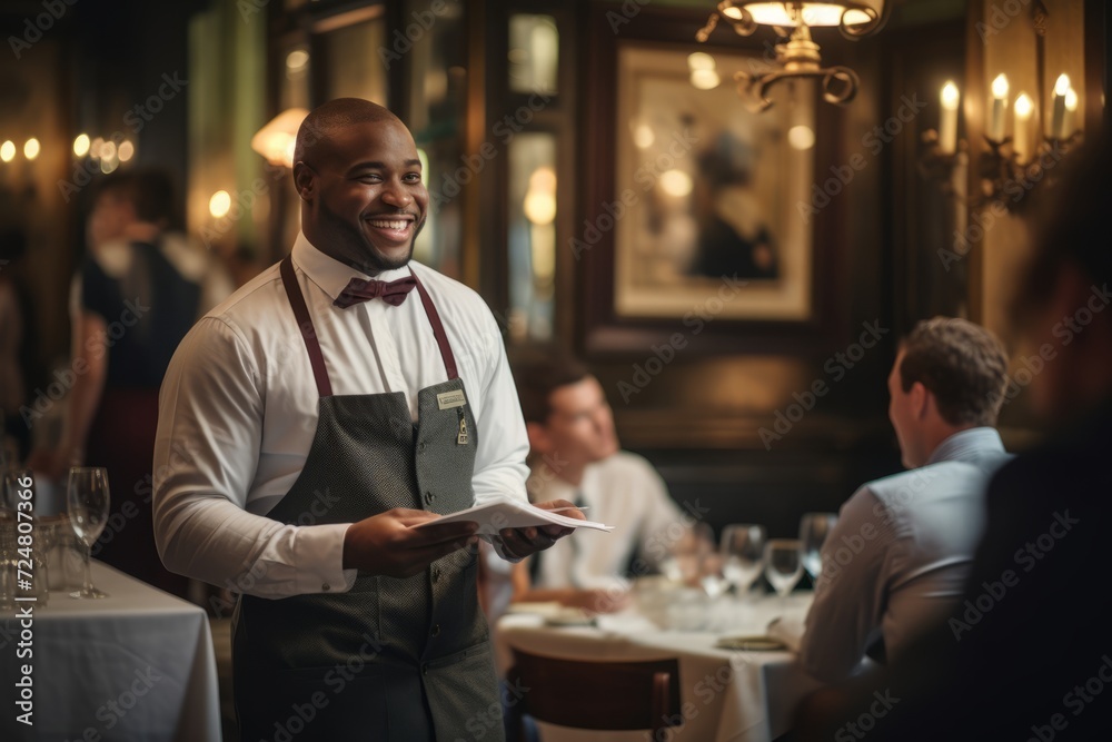 An attentive waiter in action, catering to the needs of customers in a lively dining establishment