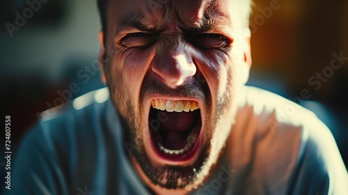 close up portrait of a man shouting, mouth wide open photo