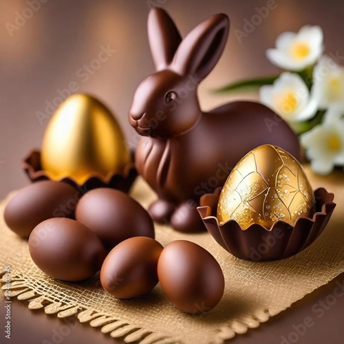 Chocolate easter bunny with embossed designs, easter celebration. Rabbit Chocolate, golden easter eggs, and white flowers