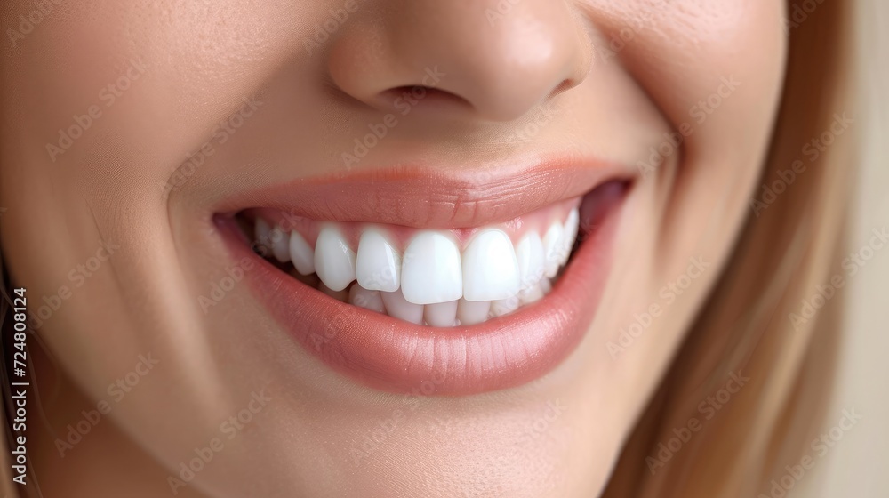 Obraz premium Female smile with natural white teeth closeup
