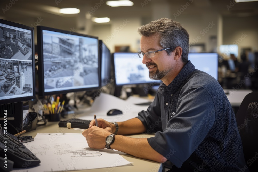 A focused CAD Technician meticulously working on his designs amidst a sea of blueprints and models