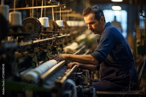 Portrait of a skilled worker operating a spinning machine amidst the symphony of a bustling textile mill #724808548
