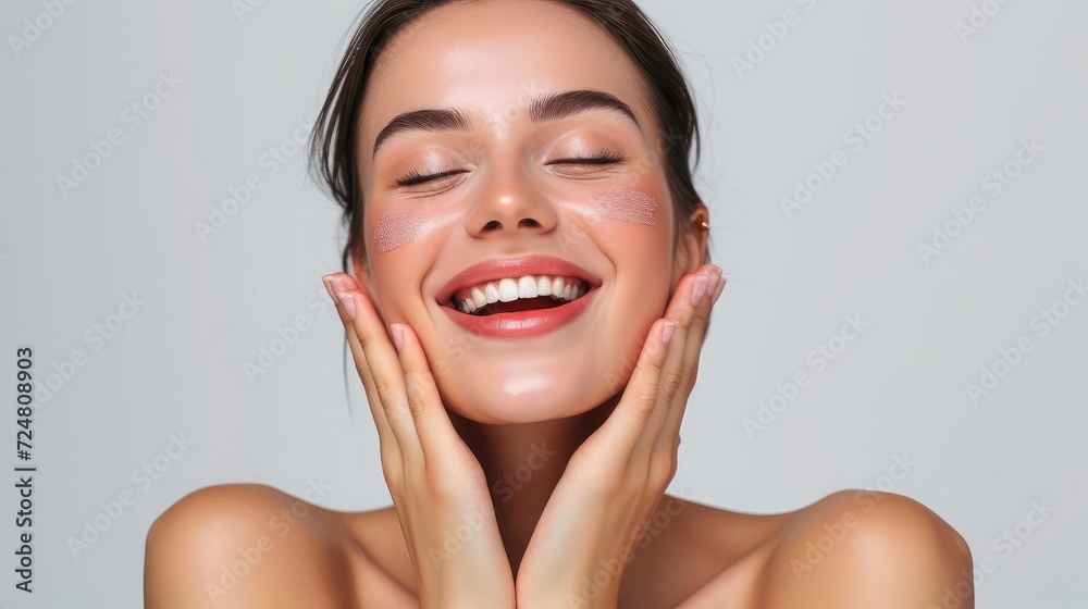 Photo of joyful lady touch hands cheeks complexion enjoy aesthetic ideal perfect skin isolated over grey color background - obrazy, fototapety, plakaty 