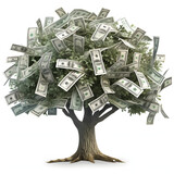 A tree with dollar bills for leaves, illustrating investment and growth isolated on white background, vintage, png
