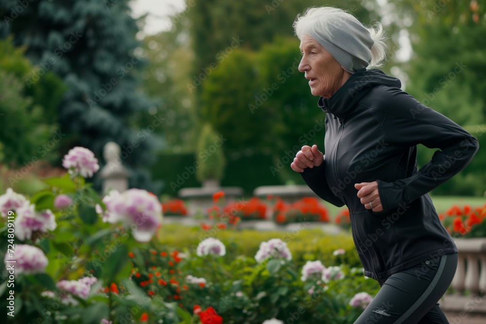 elderly woman jogging past public garden, flowers in bloom