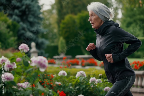 elderly woman jogging past public garden, flowers in bloom © altitudevisual