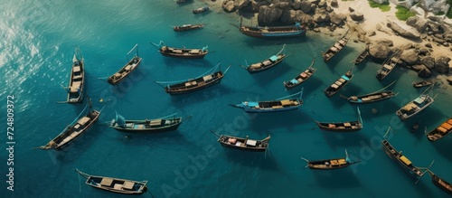 Aerial view of group of boats anchored sideways on island