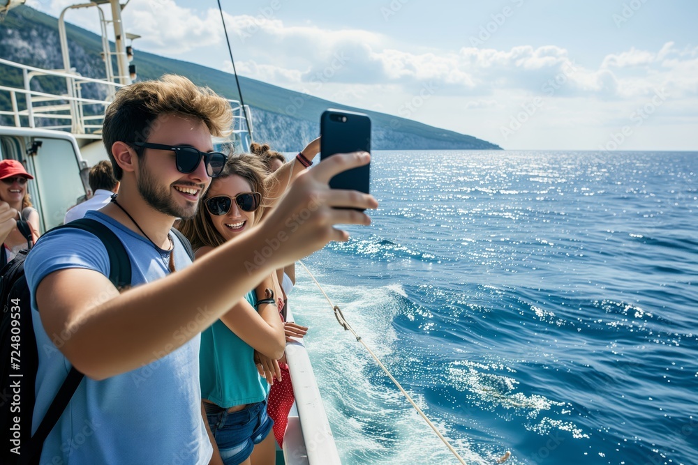 tourists taking selfie at stern, coast behind