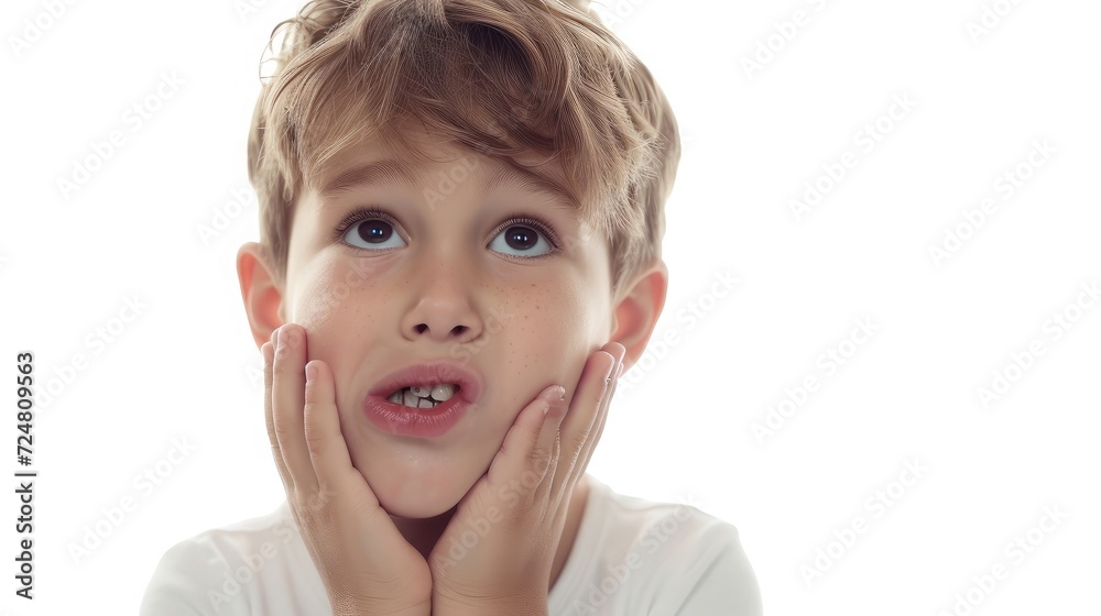 Toothache in children. Portrait of unhealthy little boy touching cheek, feeling severe toothache, oral health problems. Heart studio shot isolated on white background Toothache in children. Portrait of unhealthy little boy touching cheek, feeling severe toothache, oral health problems. Heart studio shot isolated on white background