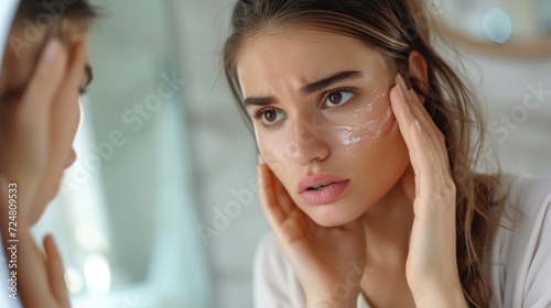 Unhappy Young Woman Looking In Mirror And Touching Wrinkles On Her Face, Attractive Millennial Female Standing In Bathroom And Examining Skin Fine Lines, Selective Focus On Reflection, Closeup