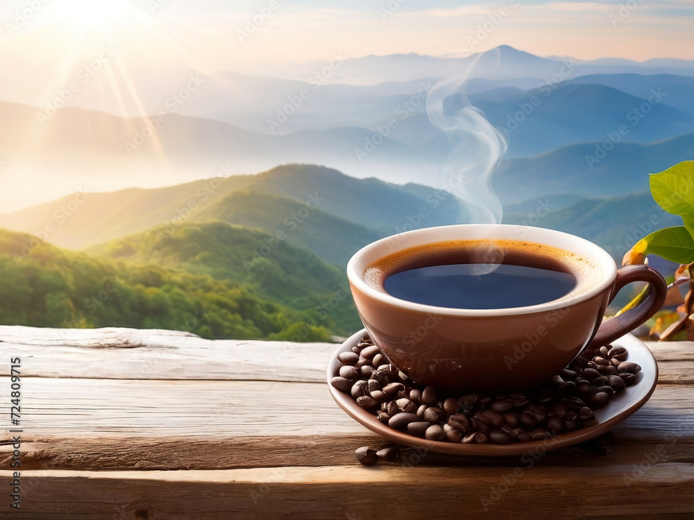 A hot cup of coffee with some smoke and coffee beans lying next to it on an old wooden floor. Mountain view, sun rising A hot cup of coffee with some smoke and coffee beans lying next to it on an old wooden floor. Mountain view, sun rising
