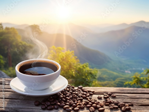 A hot cup of coffee with some smoke and coffee beans next to it. On the old wooden floor. Mountain view, sun rising 