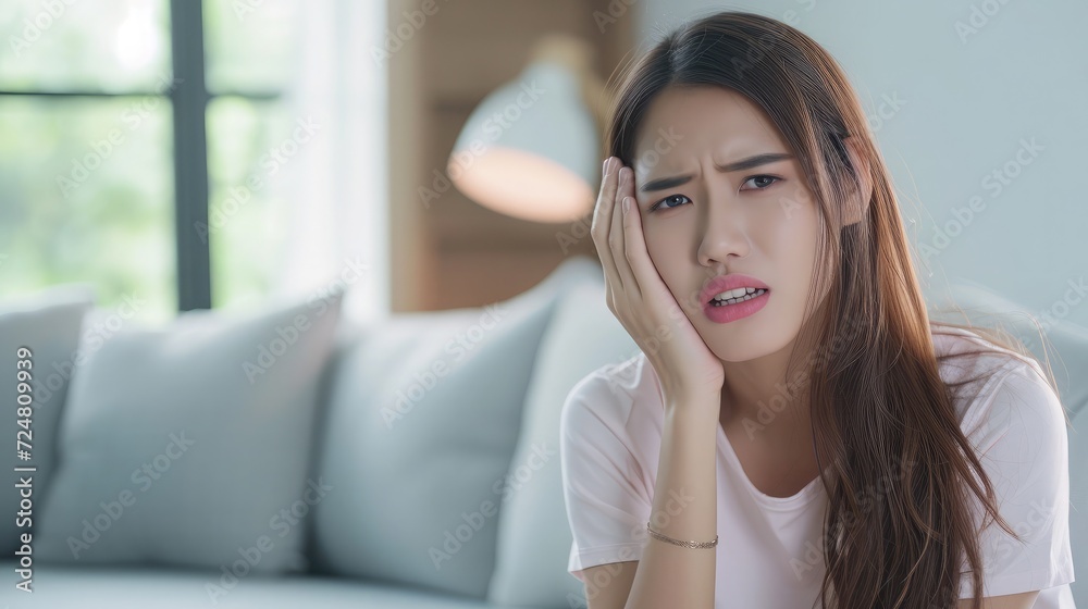Asian beautiful woman feel terrible toothache after drink cold water. Attractive female sit on sofa in living room touching cheek, feel hurt and suffering from sensitive tooth ache, pain and cavities.
